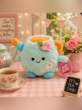 🫖 4.5 Blue Floral Plush Tea Kettle Plushie with Pink Flower BumBumz 🫖